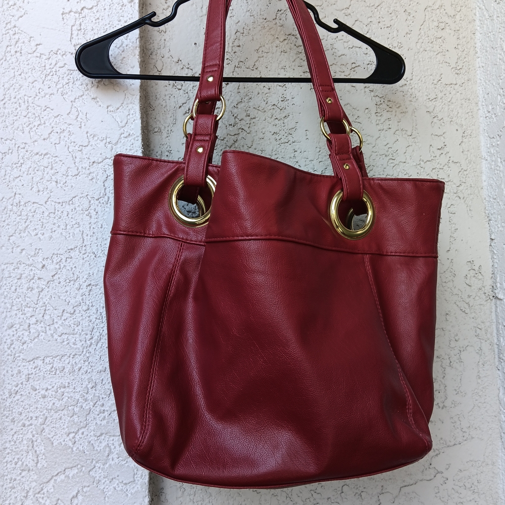 Red Pleather Tote Bag, stripe Lining Great Condition, Clean..